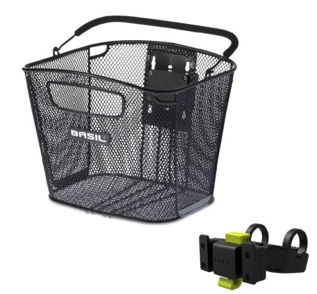 koš BASIL Bolt na řidítka drátěný černý s držákem